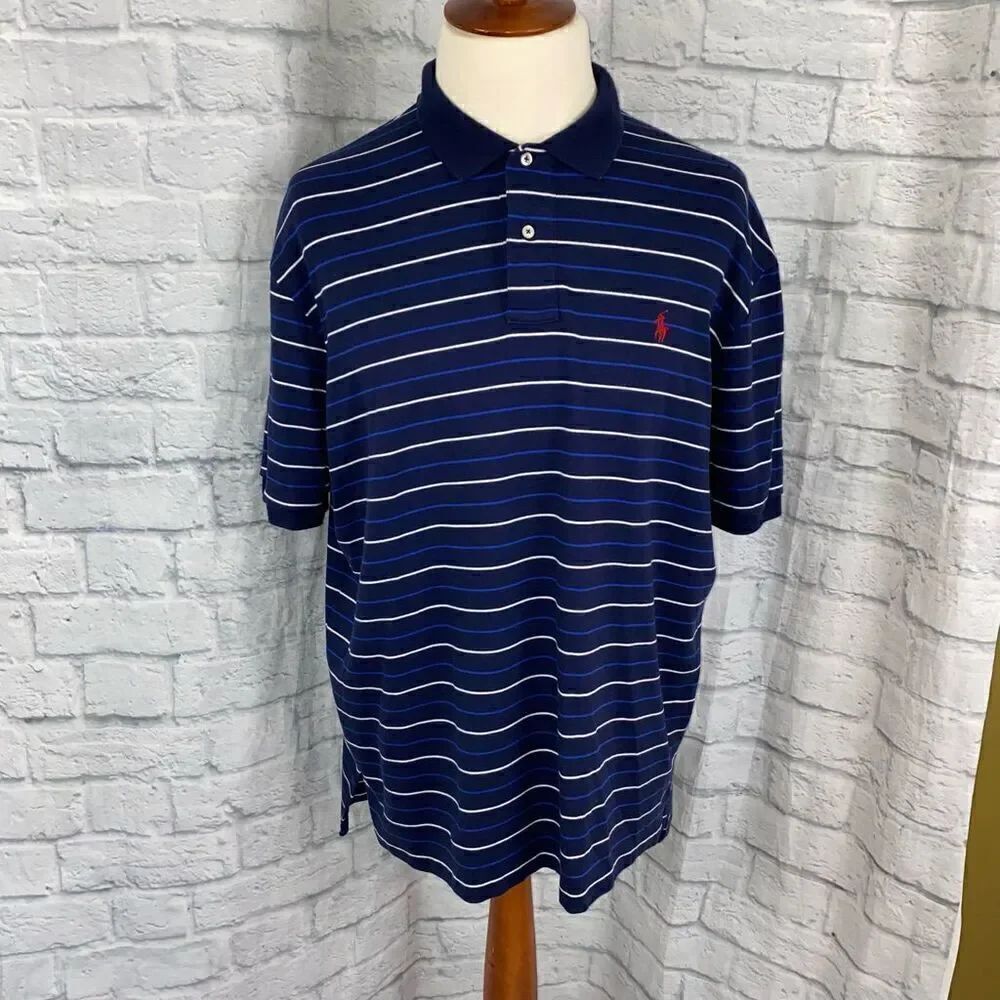 Polo by RL 100% cotton 2 button collar short sleeve stripe polo navy blue sz XXL